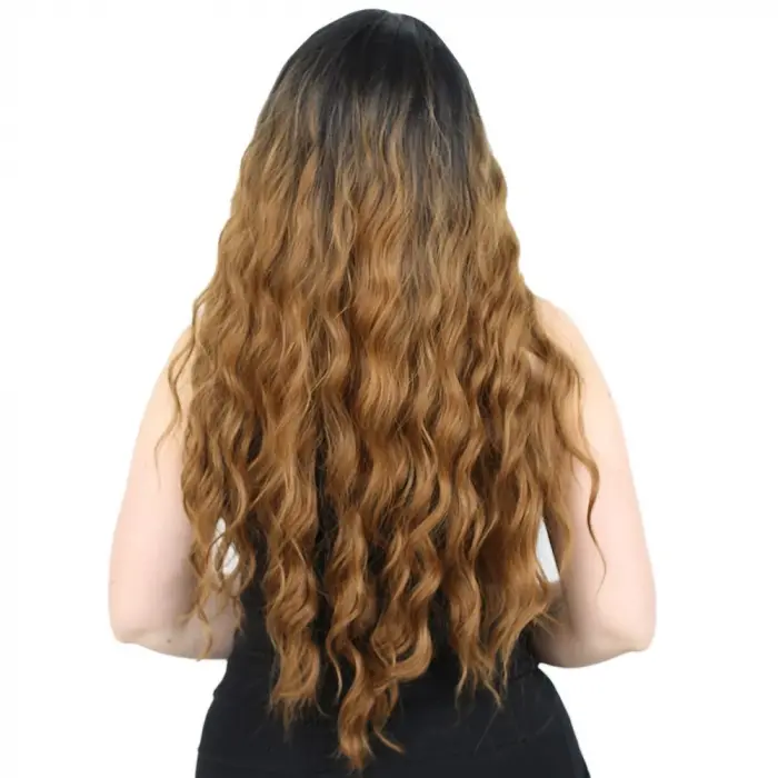 Su Daası Uzun Perçemsiz Fiber Sen Peruk / Siyah / Karamel Ombreli