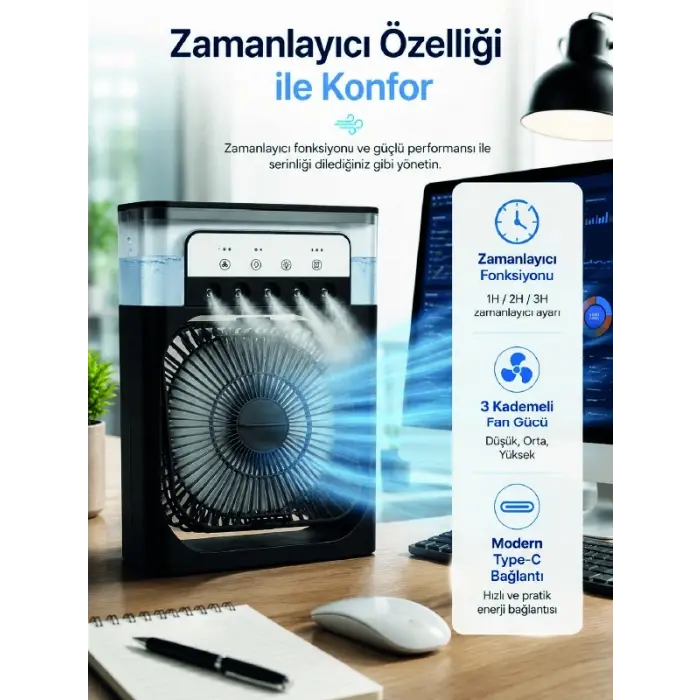 Su Hazneli Püskürtmeli Fan 1-3-5 Püskürtme Seçeneği, Type-C Güç Girişi