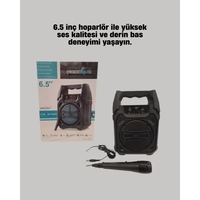 Taşınabilir 6.5” Bluetooth Hoparlör USB TF Kart Mikrofonlu Şarjlı Sistem