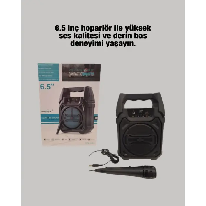 Taşınabilir 6.5” Bluetooth Hoparlör USB TF Kart Mikrofonlu Şarjlı Sistem