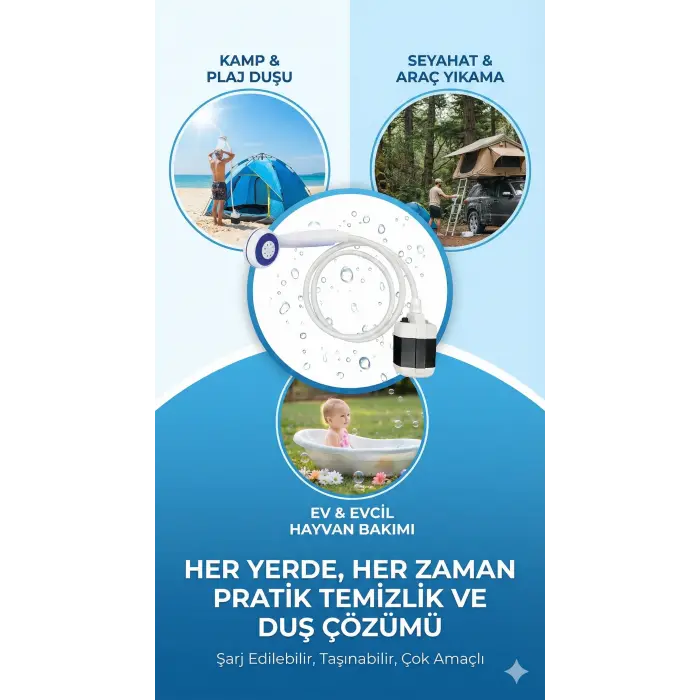 Taşınabilir Şarjlı Seyyar Duş Seti ( Pompa - Hortum - Duş Başlığı )