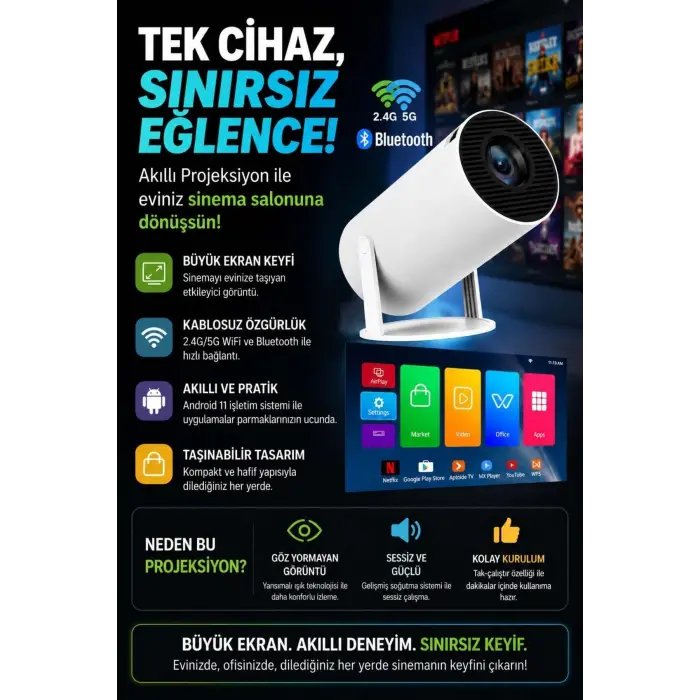 Taşınabilir sinema projektörü Bluetooth Android 11 akıllı projeksiyon wifi beyaz