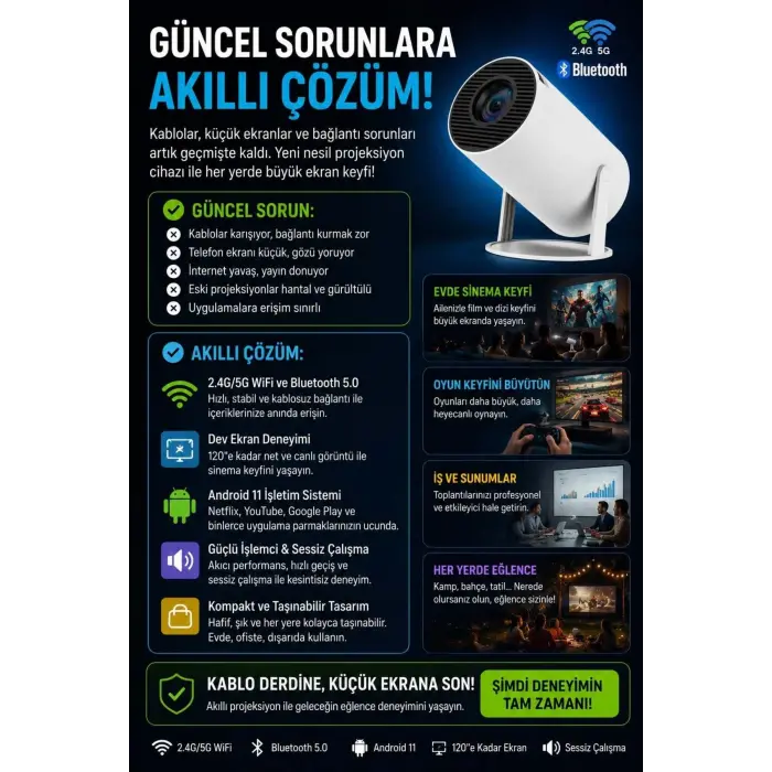 Taşınabilir sinema projektörü Bluetooth Android 11 akıllı projeksiyon wifi beyaz