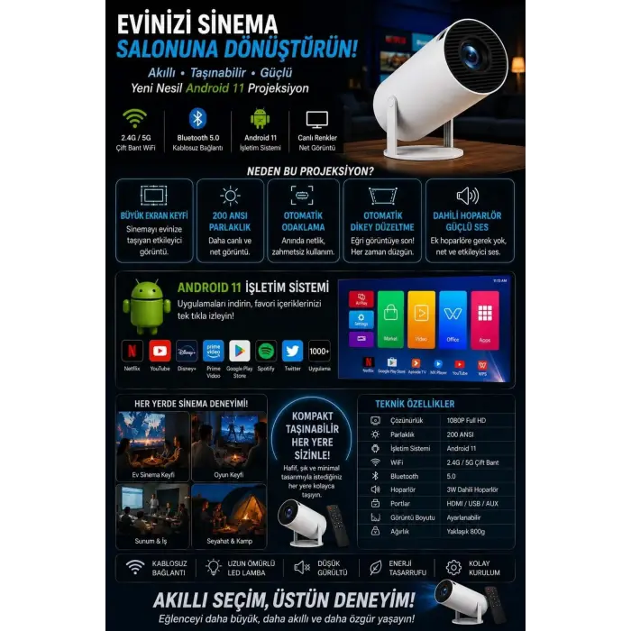 Taşınabilir sinema projektörü Bluetooth Android 11 akıllı projeksiyon wifi beyaz