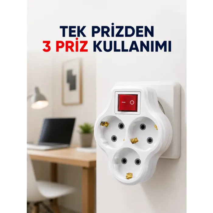Tek Prizi 3’lü Yapan Anahtarlı Priz Adaptörü Topraklı Priz Çoğaltıcı