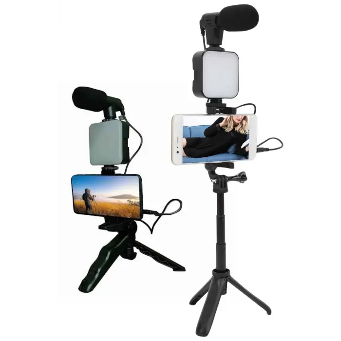 Telefon Tutucu Led Işıklı Kumandalı Mikrofon Telefon Vlog Video Kayıt
