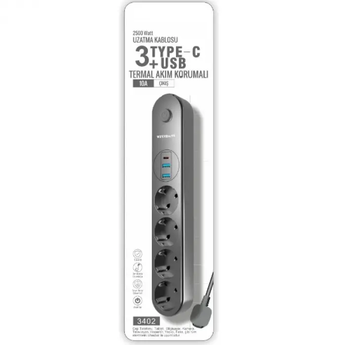 Termal Akım Korumalı 4 Prizli USB Girişli Uzatma Kablosu