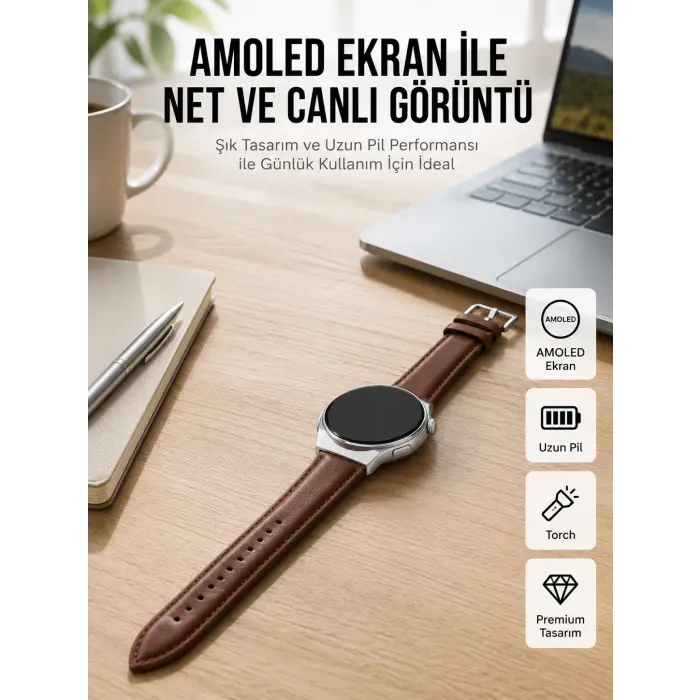 Torch Özellikli AMOLED Ekranlı Akıllı Saat Uzun Pil Yeni Nesil