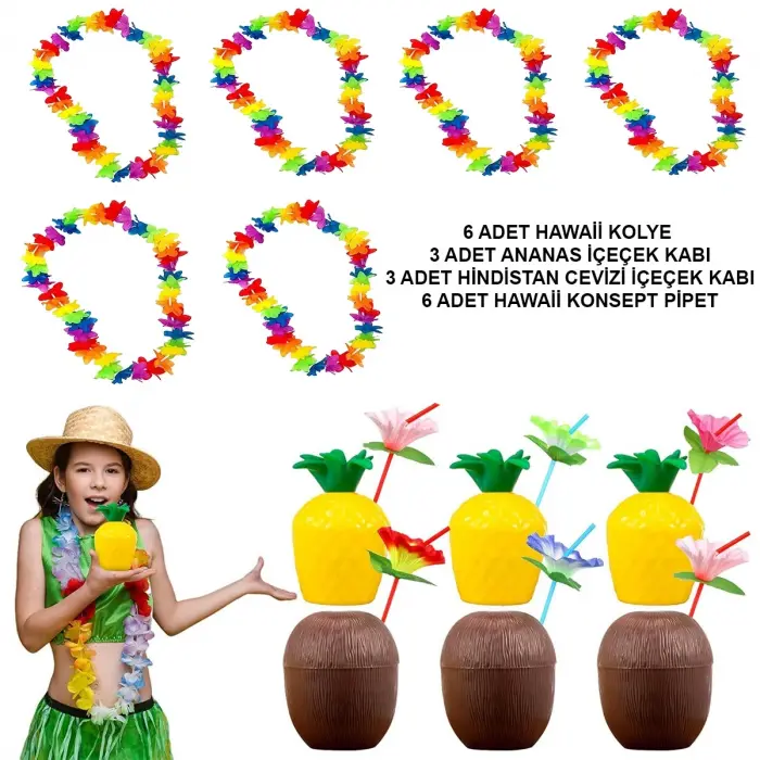 Tropikal Hawaii Parti Malzemeleri – Kolye, Pipet, Bardak Seti Bx40