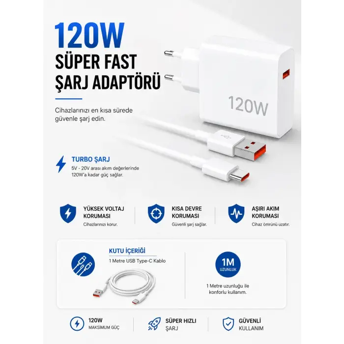 Turbo 120W Hızlı Şarj Cihazı Type-C Kablolu