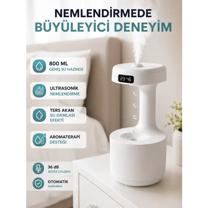 Ultrasonik Hava Nemlendirici 800 ml Aromaterapi Difüzör Ters Su Damlası Efektli