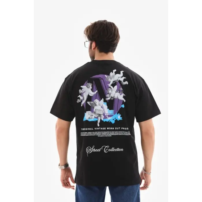 Erkek Kısa Kol Yazlık Tişört Bisiklet Yaka Baskılı Oversize T-Shirt - Siyah
