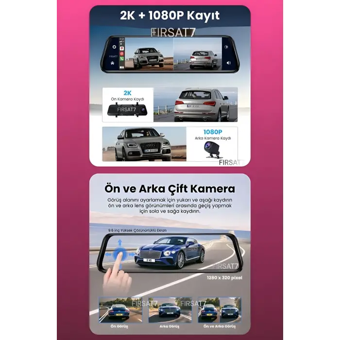 Universal Araçlar İçin 9.6 İnç 2K Görüntülü Dikiz Aynalı Araç Ekranı ve Kamera Sistemi