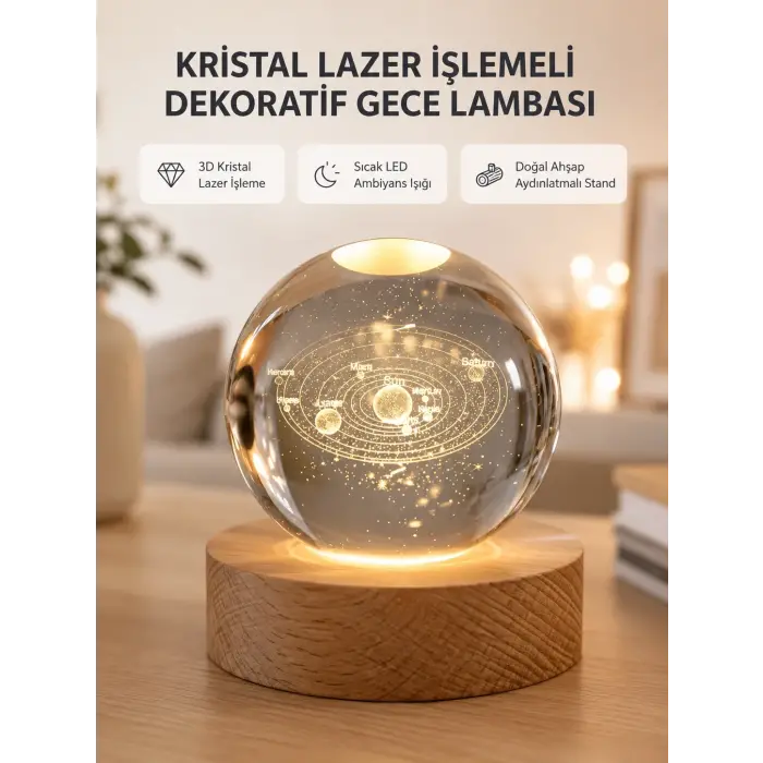 USB Bağlantılı Işıklı Kristal Küre Modern Ahşap Tabanlı Dekor