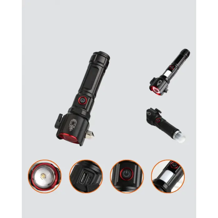 USB Şarjlı Çok Amaçlı El Feneri Çekiçli Pusulalı