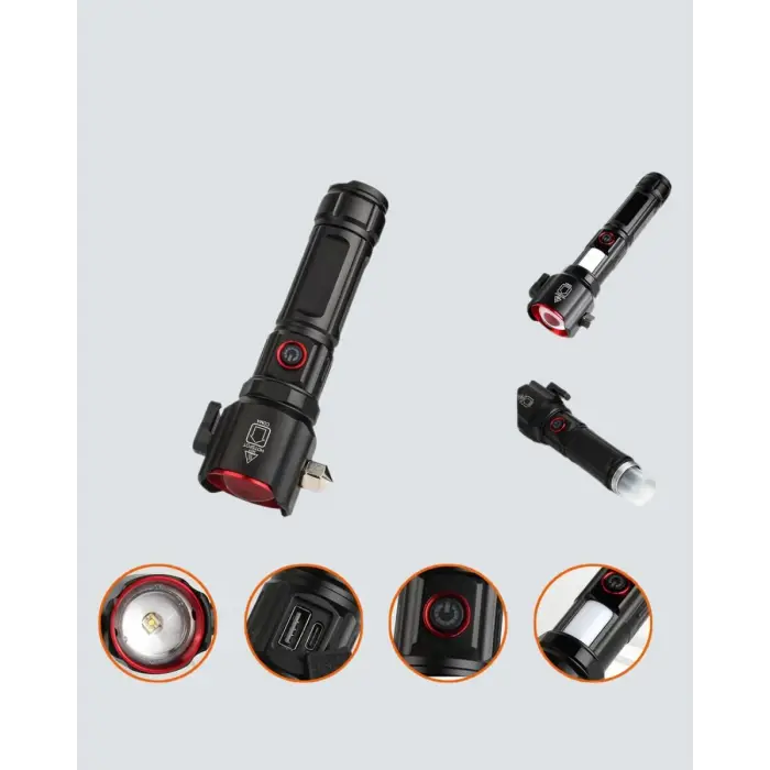 USB Şarjlı Çok Amaçlı El Feneri Çekiçli Pusulalı