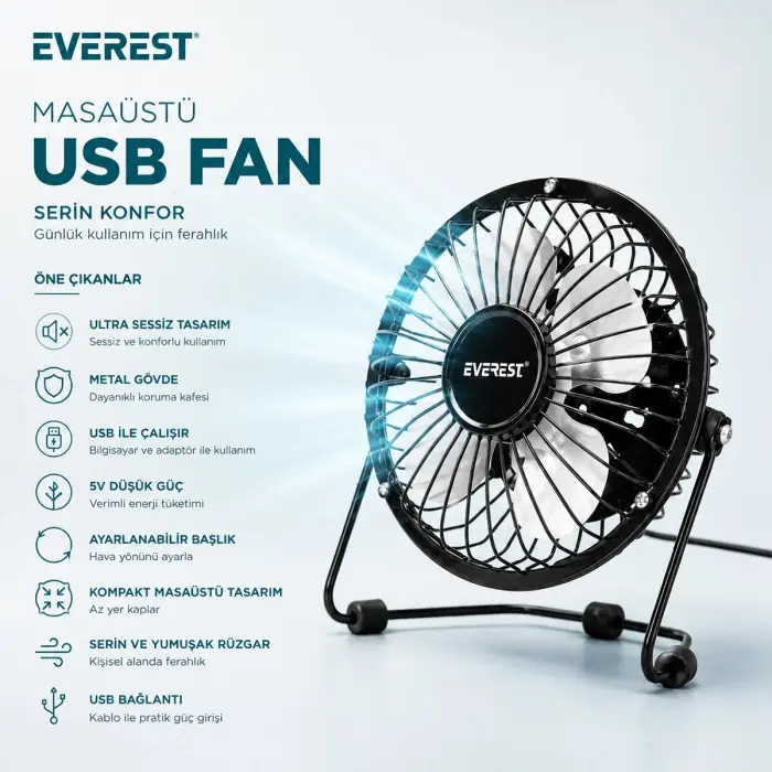 Usb Şarjlı - Metal Gövde 14.5x7.5x15cm Mini Masaüstü Fan - Vantilatör Efn-482 Bx40
