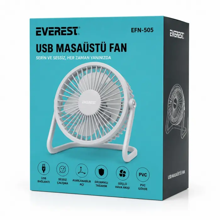 Usb Şarjlı - Pvc Gövde 14.5x14.1cm Masa Üstü Fan - Vantilatör Efn-505 Bx40