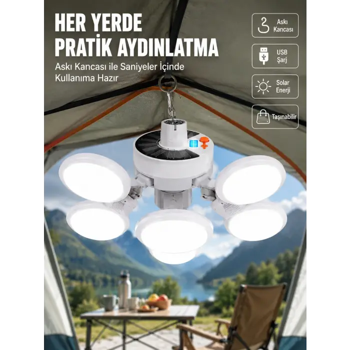 USB ve Solar Şarjlı Katlanabilir 5 Taraflı LED Lamba