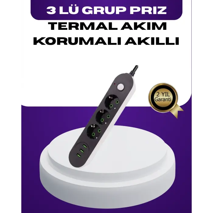 USB Yuvalı Anahtarlı Üçlü Priz 2 Metre Kablolu