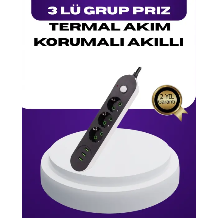 USB Yuvalı Anahtarlı Üçlü Priz 2 Metre Kablolu