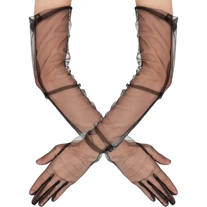Uzun Boy Likralı Siyah Renk Yetişkin Mega Tül Eldiven 53 Cm Bx40