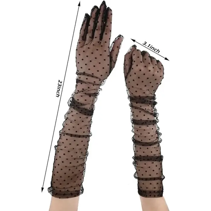 Uzun Boy Siyah Puantiyeli Siyah Renk Yetişkin Tül Eldiven 55 Cm Bx40