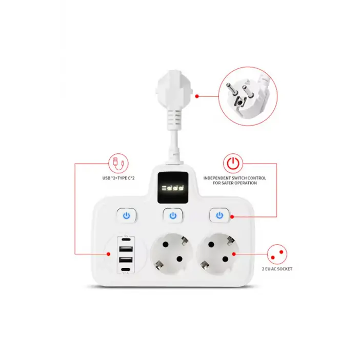 Vtn-503 Akım Korumalı Duvar Tipi Priz 2x Usb 2x Priz Typce 20w