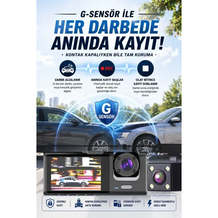 WiFi 1080p 3 Kameralı Araç İçi Kamera LCD Ekranlı Gece Görüşlü G Sensörlü Geniş Açılı