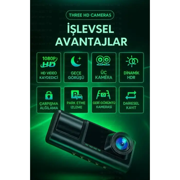 Wifi 1080p Araç içi 3 Kameralı Lcd Ekranlı Gece Görüşlü , G-sensör , Geri Görüş Kamera