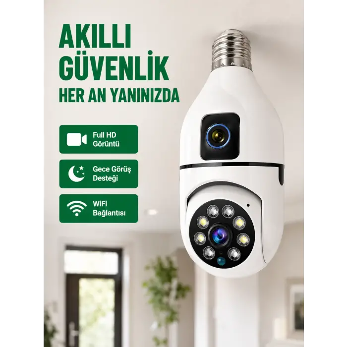WiFi Ampul Güvenlik Kamerası 1080P Full HD Gece Görüşlü ve Hareket Algılamalı