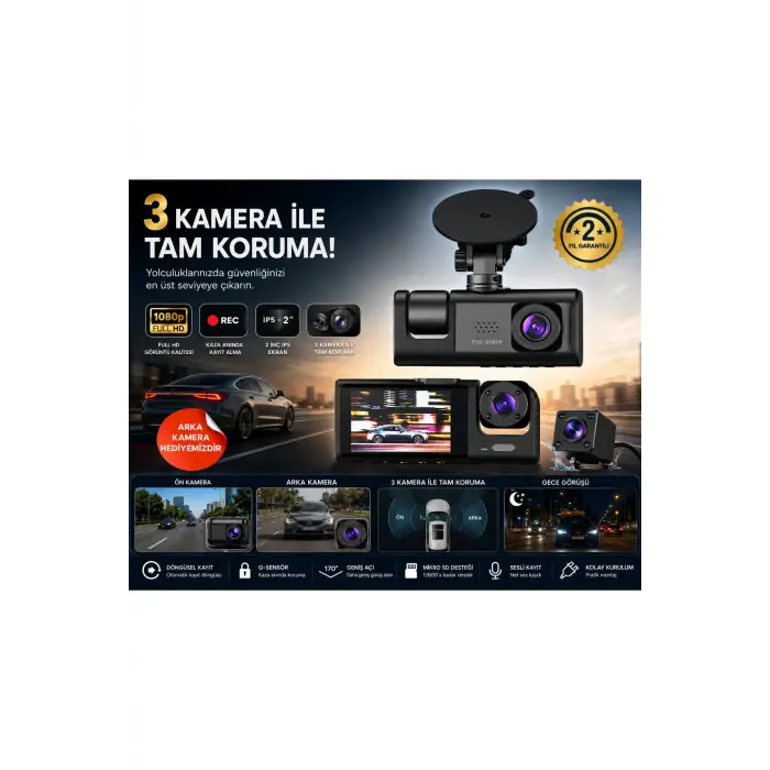 WiFi Destekli 1080p 3 Kameralı Araç İçi Kamera LCD Ekranlı Gece Görüşlü G Sensörlü