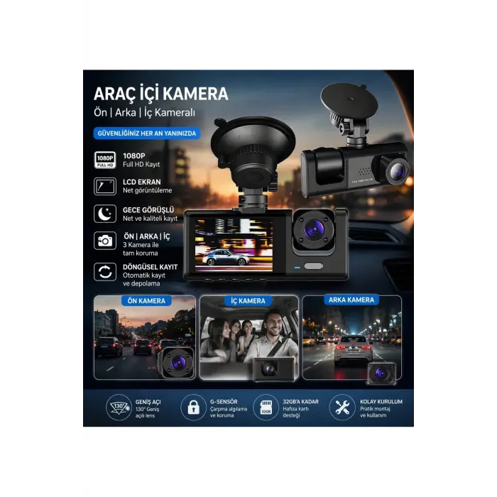 WiFi Destekli 1080p 3 Kameralı Araç İçi Kamera LCD Ekranlı Gece Görüşlü G Sensörlü