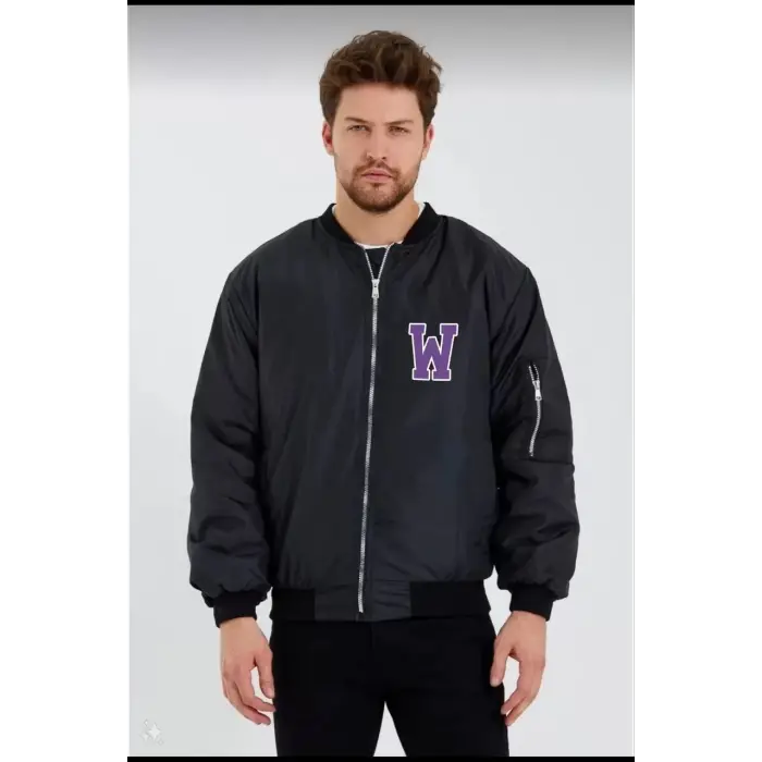 Wild One Baskılı Erkek Bomber Mont – Panter Desenli, Fermuarlı, Kapitone Astarlı Ceket - Siyah
