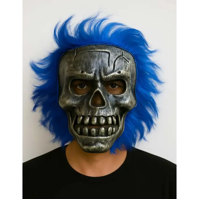 Wild Skull - Gümüş Kafatası Mavi Saçlı İskelet Maske Bx40