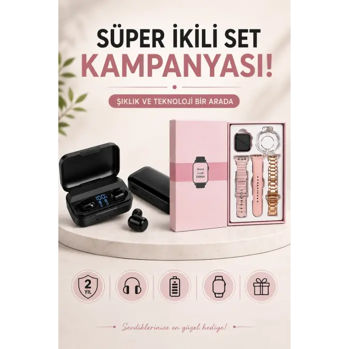 Wireless Şarjlı Pembe Akıllı Saat ve Kablosuz Bluetooth Kulaklık Dokunmatik Kontrol