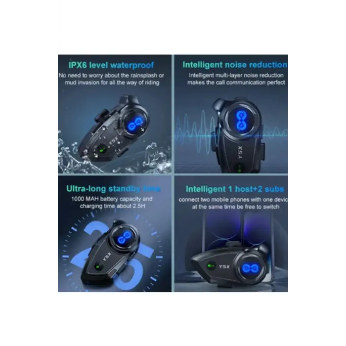 Y5x Rgb Işıklı Intercom 5 Kişi Bağlantılı 1000mah Motosiklet Bluetooth Kulaklık Seti