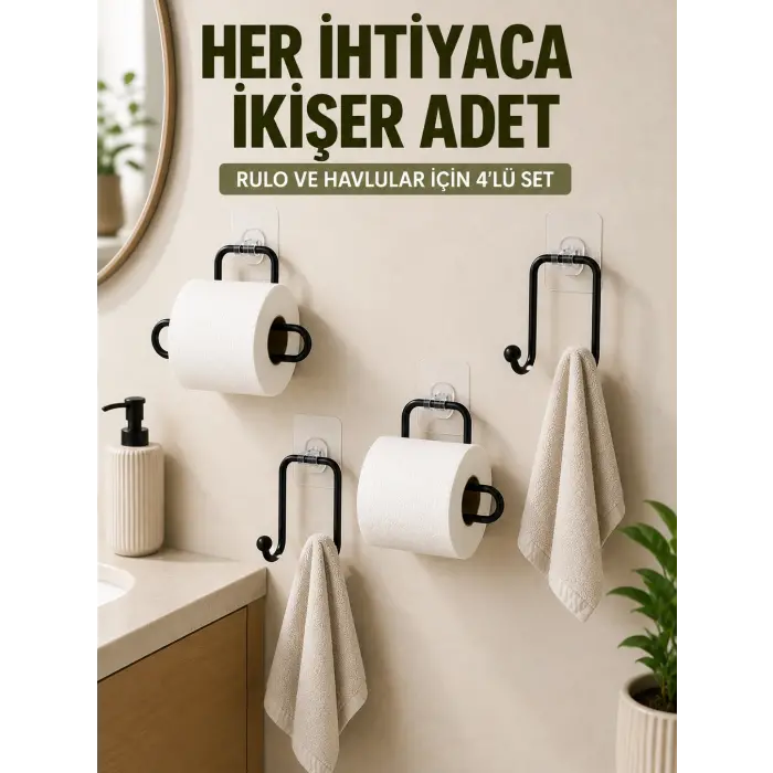 Yapışkanlı Banyo Düzenleme Seti 2 Rulo Tutucu 2 Havlu Askılığı 4 Parça