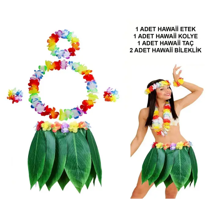 Yetişkin Hawaii Kostüm Seti - Yaprak Etek &amp;amp; Hawaii Set - 5 Parça Bx40