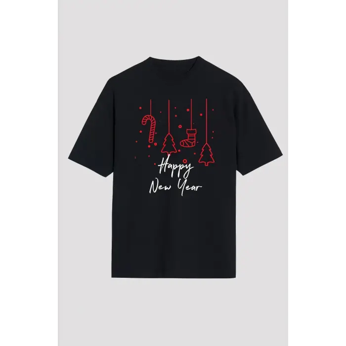Yılbaşı Happy New Year Baskılı Kısa Kollu Oversize Bisiklet Yaka T-shirt - Siyah