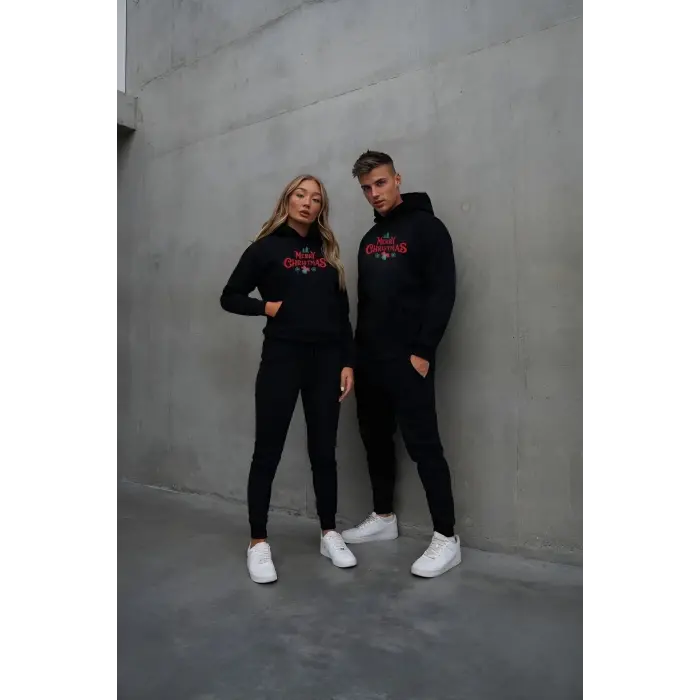 Yılbaşı Merry Christmas Baskılı Oversize Kapüşonlu Sweatshirt Hoodie - Siyah