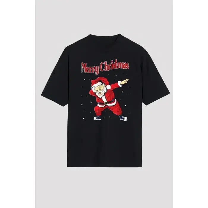 Yılbaşı Merry Christmas Noel Baba Baskılı Oversize Bisiklet Yaka T-shirt - Siyah