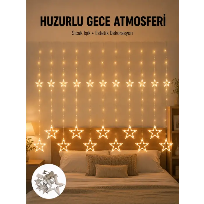 Yıldız Desenli Perde Tipi Peri Led 3x3 Metre Aydınlatma Yeni Nesil