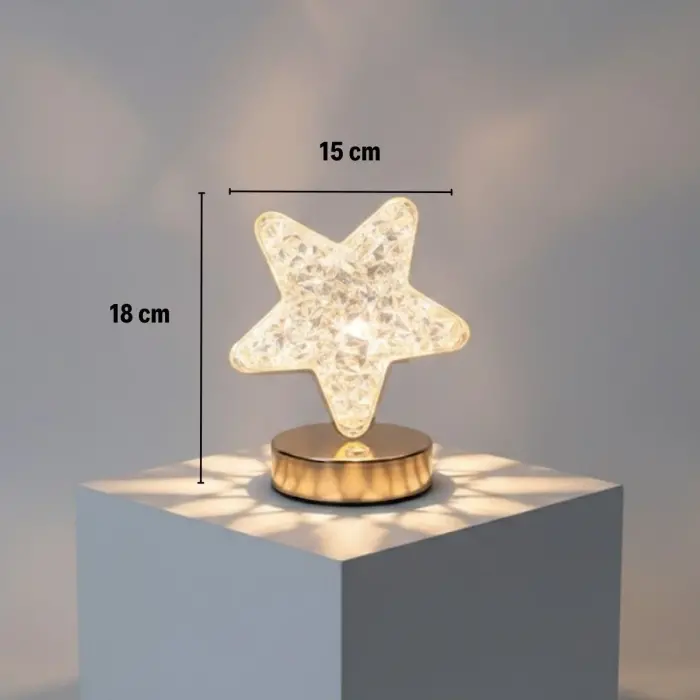 Yıldız Model Kristal Led Masa Lambası – Dokunmatik, 3 Renk Işık Modlu, Şarjlı Mini Dekoratif Gece Lambası Bx40