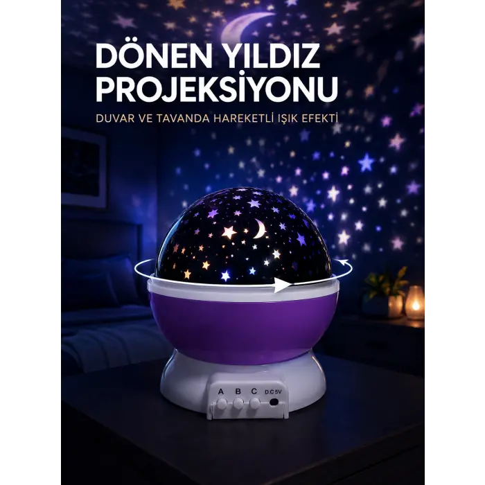 Yıldız Projeksiyon Lambası Döner Başlıklı Renkli Çocuk Odası Gece Işığı
