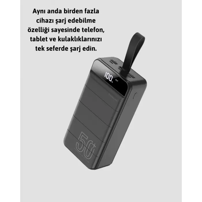 Yüksek Kapasiteli 50.000 mAh Powerbank – Type-C, Lightning ve Micro USB Uyumlu, Çoklu Cihaz Şarj Özellikli
