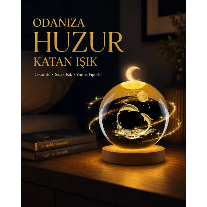 Yunus Temalı Kristal Küre USB Işıklı Ahşap Altlıklı Gece Lambası
