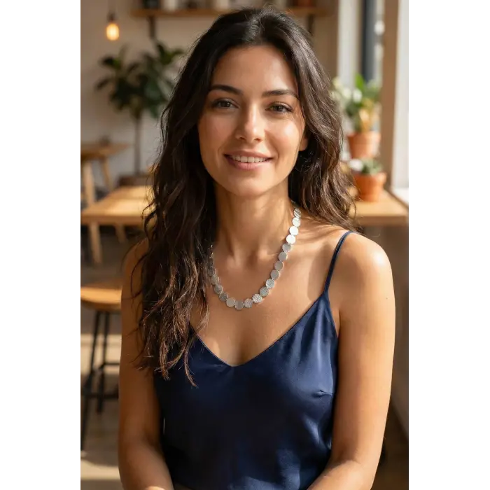 Yuvarlak Plaka Model Gümüş Renk Kadın Kolye 5886