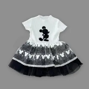 1-2-3 Yaş Payetli Mickey Baskılı Brode Etekli Kız Bebek Elbisesi Siyah