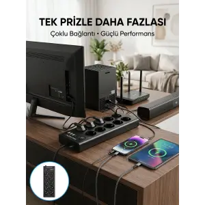 10 Prizli USB Destekli Çoklu Priz Type-C Şarj Girişli Güvenli Güç Ünitesi